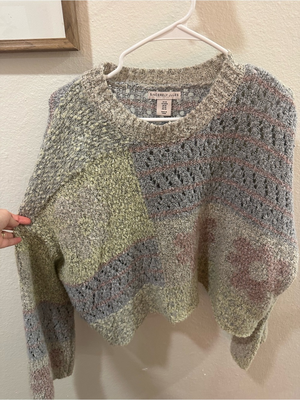 Sincerly Jules Multicolor Knit Crewneck Sweater - Gray, Green, Pink